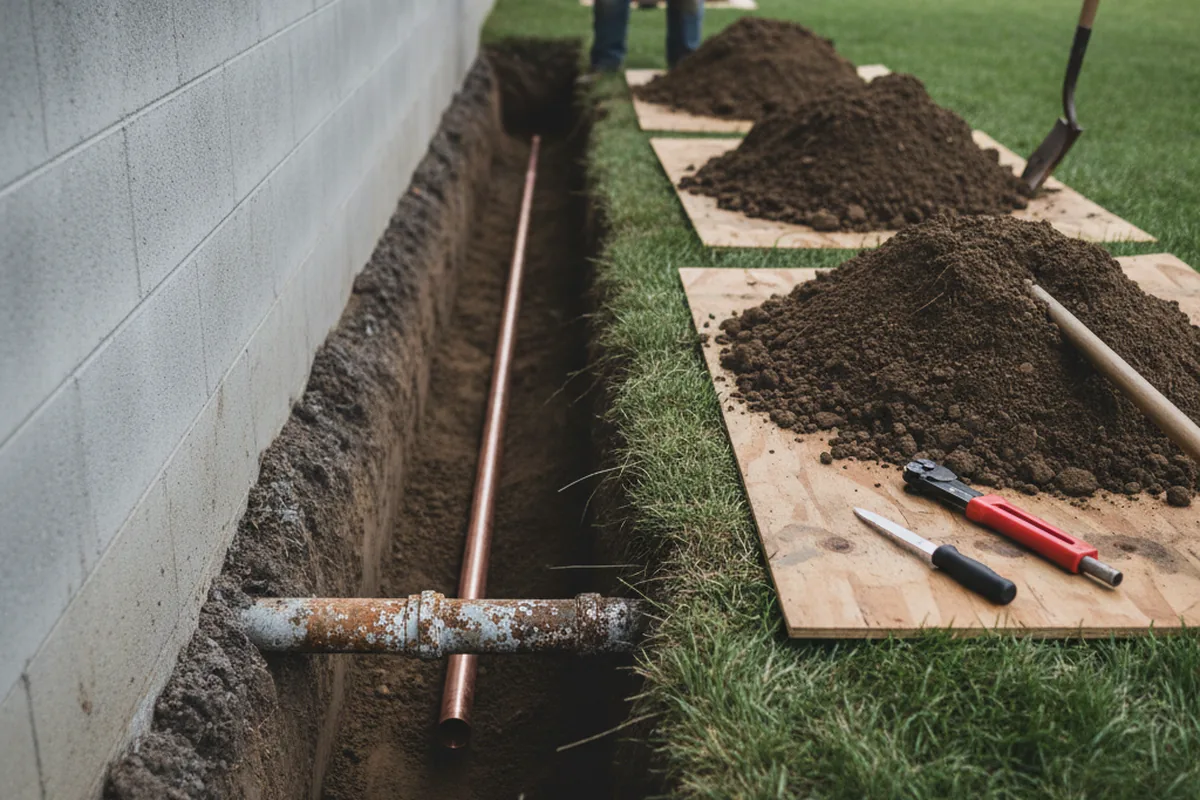Excavated water line trench during Water Softener Installation in Terrell